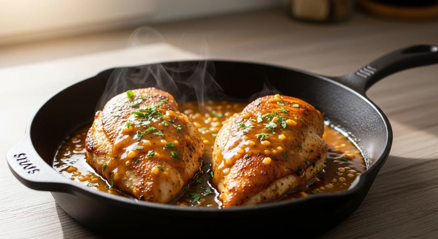 30-Minute Chicken Dinner Recipe served in a skillet with golden seared chicken and glossy sauce