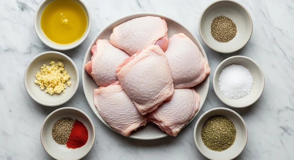 1. Ingredients for 30-Minute Baked Chicken Recipe arranged on kitchen counter