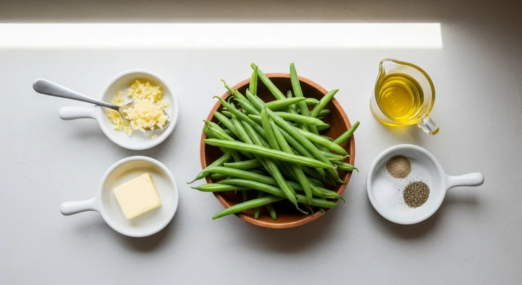 1. Ingredients for garlic green beans to serve with chicken casserole arranged on a kitchen counter.