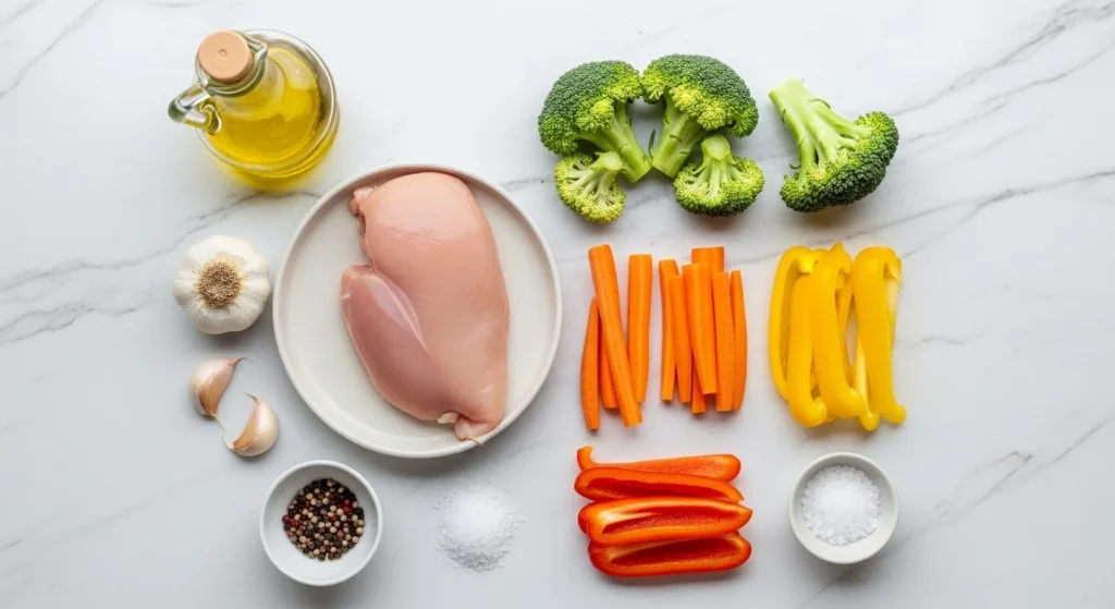 1. Raw chicken breast and fresh vegetables arranged for chicken and veggies recipe