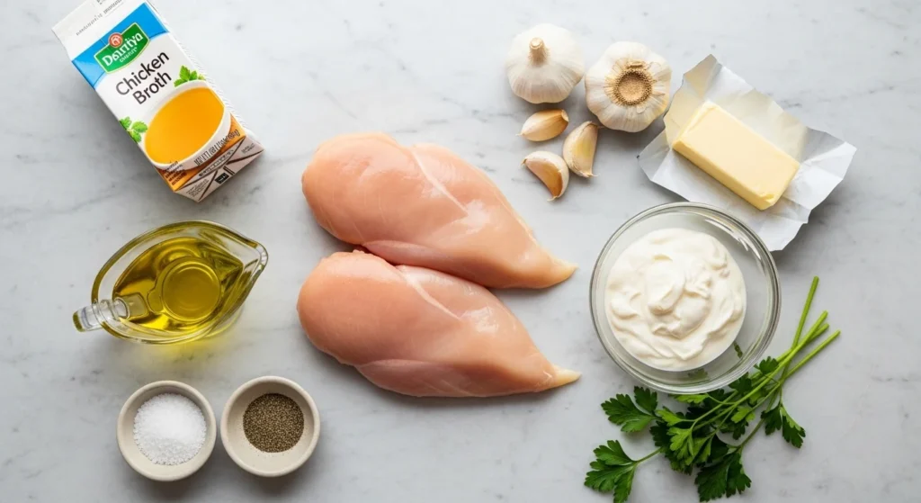 1. Raw chicken, cream, garlic, butter, and seasonings arranged for creamy chicken recipe