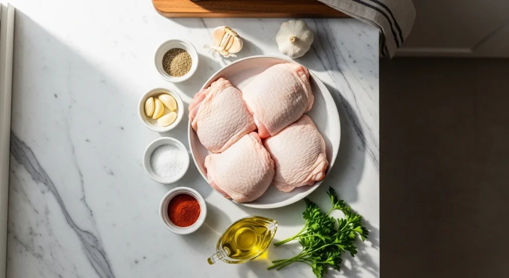 1. Raw chicken thighs, oil, garlic, and seasonings arranged for chicken thigh recipe