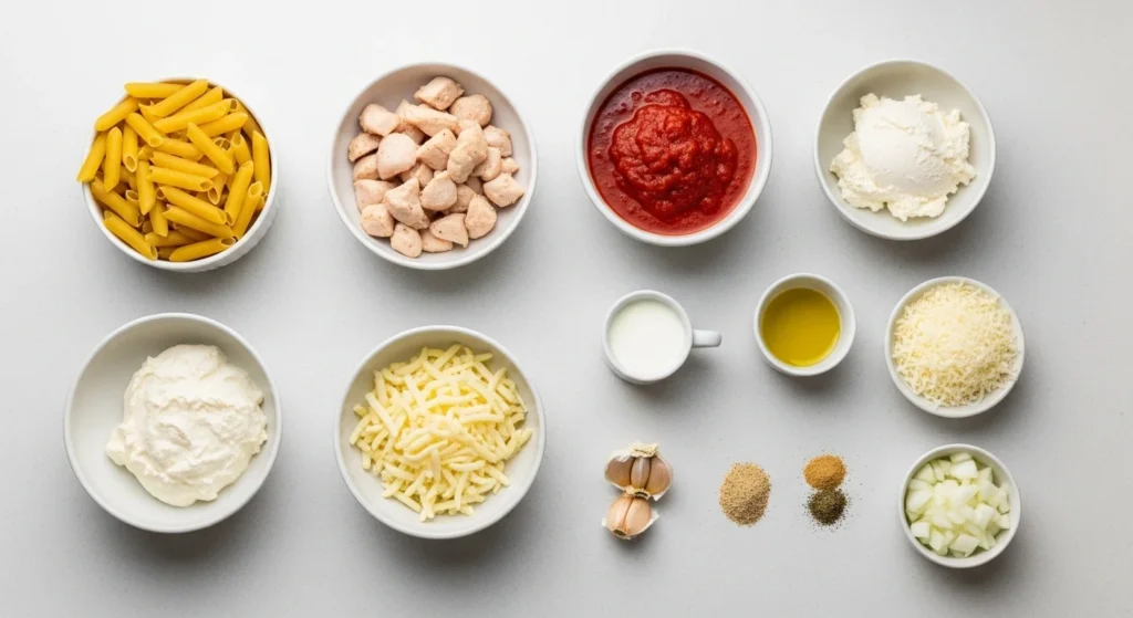 1. Raw ingredients arranged for Baked Chicken Ziti Casserole with Creamy, Cheesy Layers