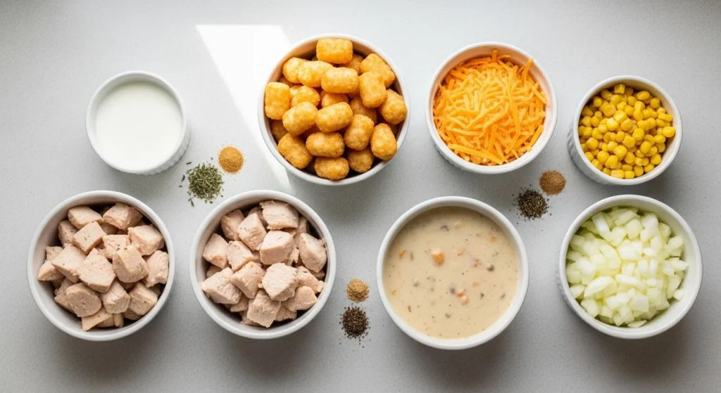 1. Raw ingredients arranged for Cheesy Chicken Tater Tot Casserole That Disappears Fast including chicken, cheese, tater tots, and sauce