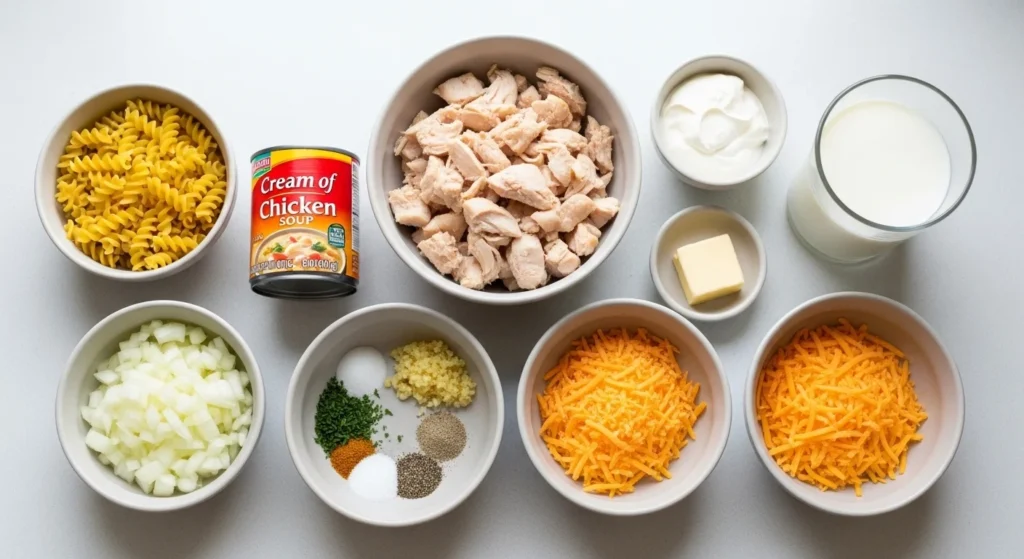 1. Raw ingredients arranged for Creamy Chicken Casserole with Egg Noodles (Classic & Cozy)