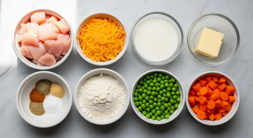 1. Raw ingredients arranged for Kid-Friendly Chicken Casserole Even Picky Eaters Love including chicken, pasta, cheese, milk, and vegetables