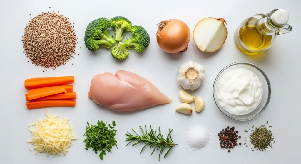 1. Raw ingredients arranged for healthy chicken quinoa casserole