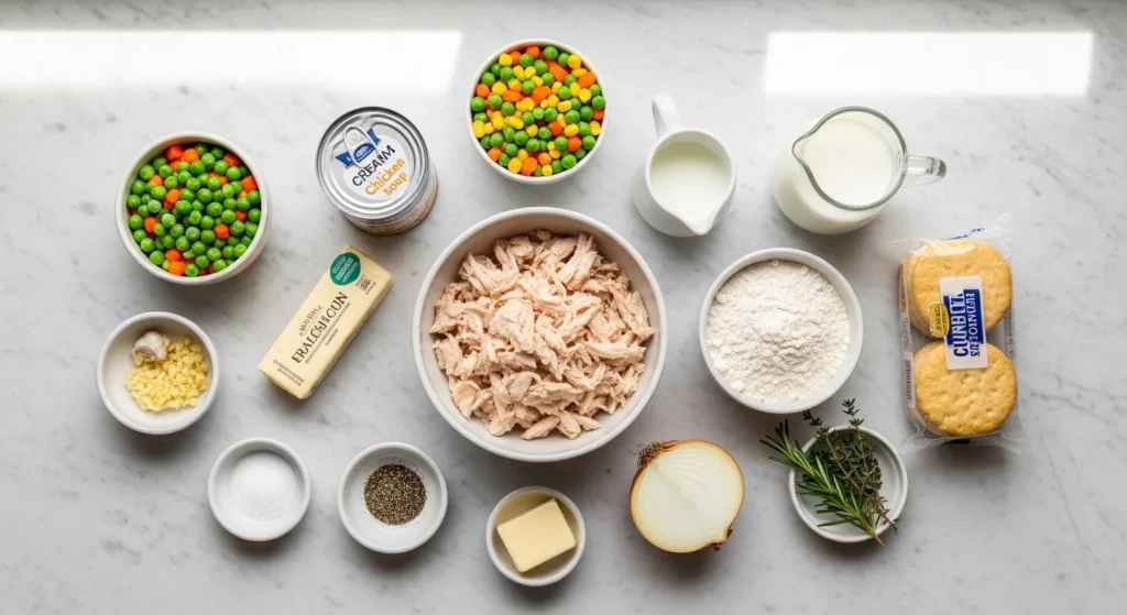 1. Raw ingredients arranged for quick chicken pot pie casserole with no crust hassle