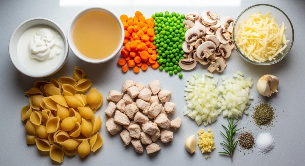 1. Raw ingredients arranged neatly for Chicken Casserole Freezer Meals for Stress-Free Dinners
