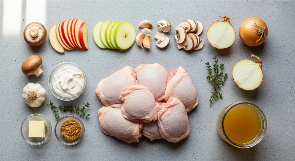 1. Raw ingredients for Chicken Casserole à la Normande arranged on a kitchen counter.