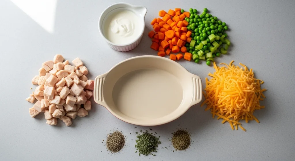 1. Raw ingredients for Easy Air Fryer Chicken Casserole for Small Batches arranged on a kitchen counter.