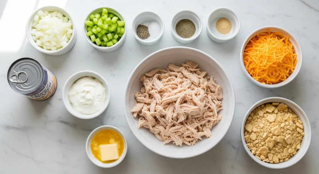 1. Raw ingredients for Southern-Style Chicken Casserole arranged neatly on a kitchen counter.