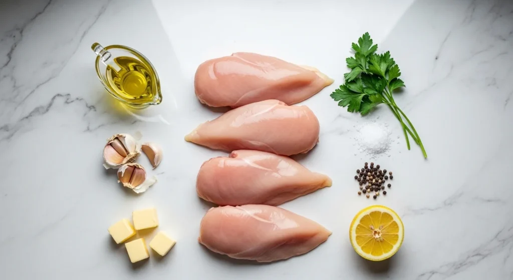 1. Raw ingredients including chicken, garlic, butter, oil, and herbs arranged for garlic chicken recipe