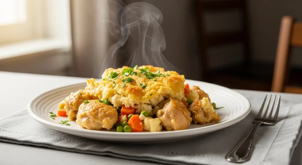 2. A plated serving of Easy Air Fryer Chicken Casserole for Small Batches garnished with parsley.