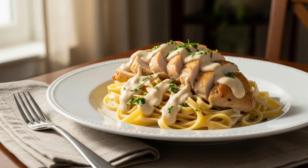 2. Creamy chicken served on plate with pasta and herbs ready to eat