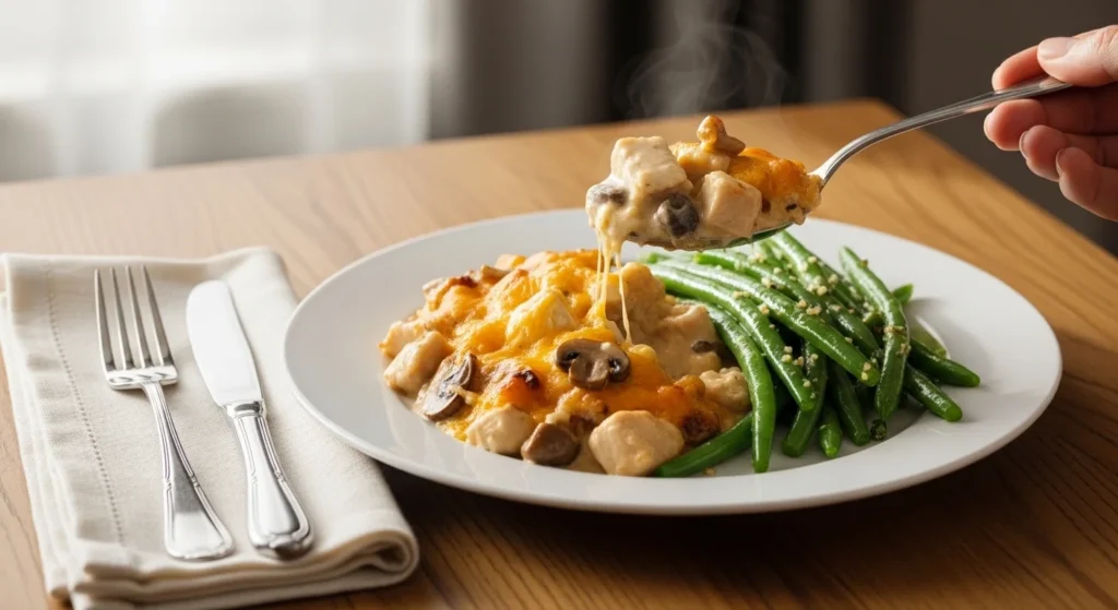 2. Garlic green beans plated next to creamy chicken casserole ready to serve.