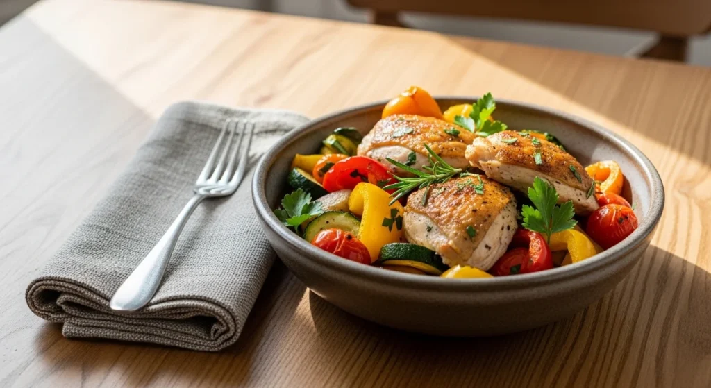 2. Plated chicken and veggies recipe served in a bowl ready to eat