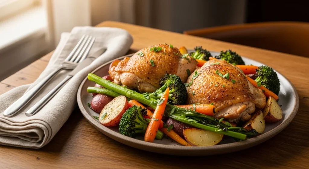 2. Plated crispy chicken thighs served with vegetables ready to eat