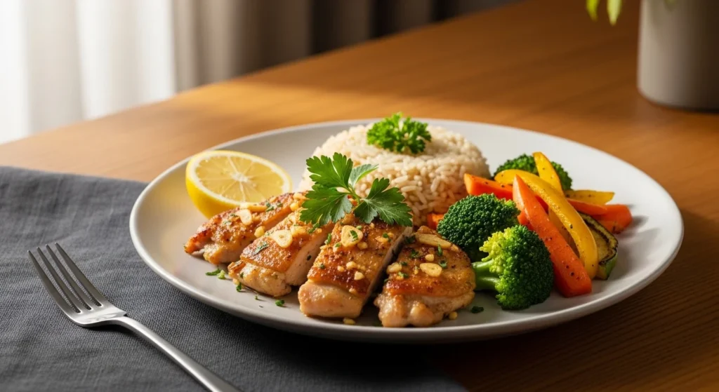 2. Plated garlic chicken with rice and vegetables ready to eat