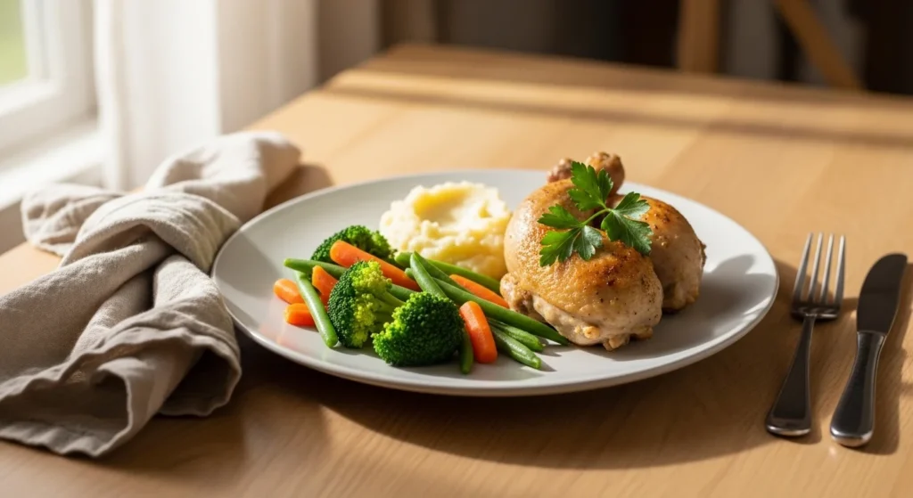 2. Plated serving of 30-Minute Family Chicken Dinner Recipe with side dishes