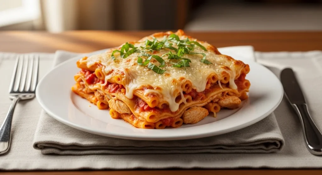 2. Plated serving of Baked Chicken Ziti Casserole with Creamy, Cheesy Layers ready to eat