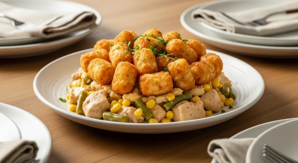 2. Plated serving of Cheesy Chicken Tater Tot Casserole That Disappears Fast with crispy topping and creamy filling
