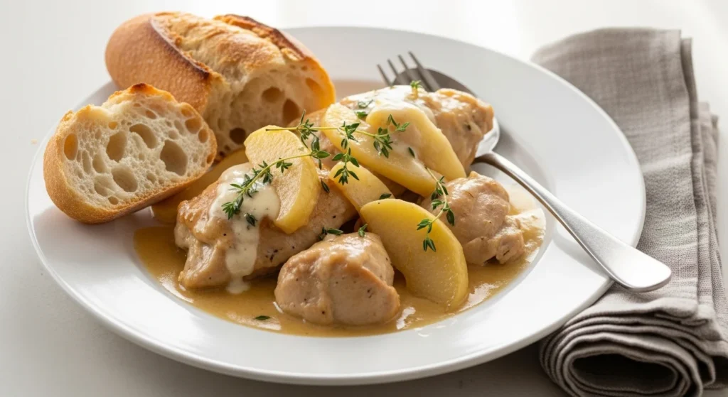 2. Plated serving of Chicken Casserole à la Normande with creamy sauce and apples.