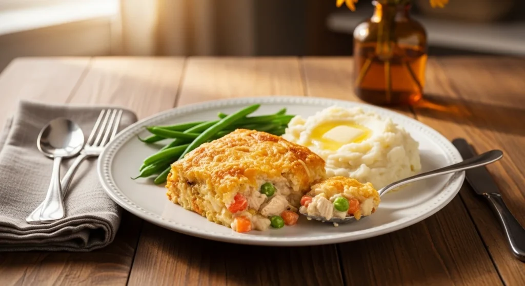 2. Plated serving of Southern-Style Chicken Casserole with golden cracker topping and creamy filling