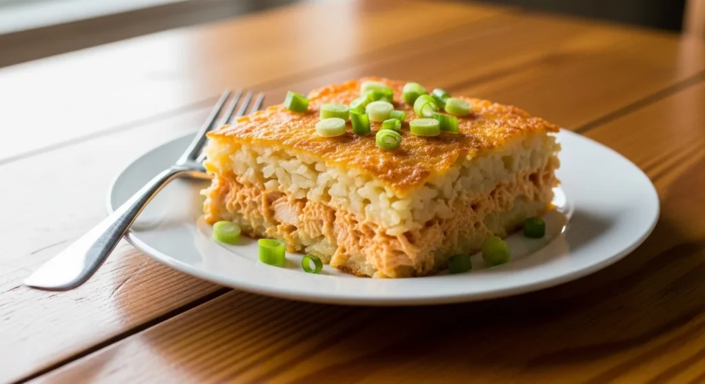 2. Plated serving of buffalo chicken hashbrown casserole ready to eat