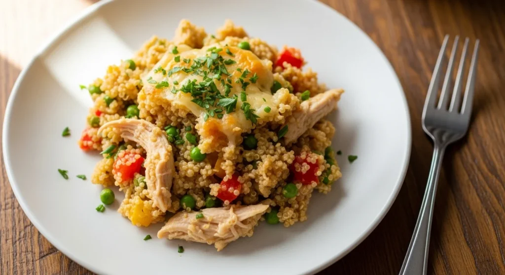 2. Plated serving of healthy chicken quinoa casserole ready to eat
