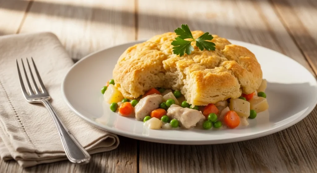 2. Plated serving of quick chicken pot pie casserole ready to eat