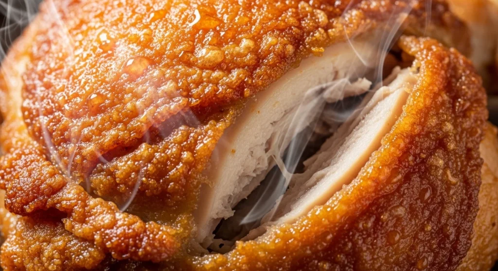 3. Close-up crispy chicken thigh showing golden skin and juicy meat texture