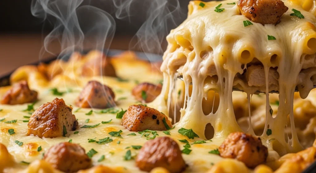 3. Close-up of Baked Chicken Ziti Casserole with Creamy, Cheesy Layers showing melted cheese and pasta