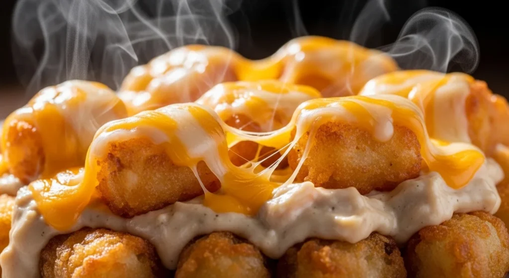 3. Close-up of Cheesy Chicken Tater Tot Casserole That Disappears Fast showing crispy tater tots and melted cheese