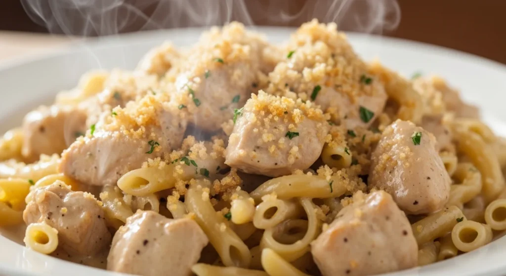 3. Close-up of Chicken Casserole Freezer Meals for Stress-Free Dinners showing creamy sauce and crispy topping