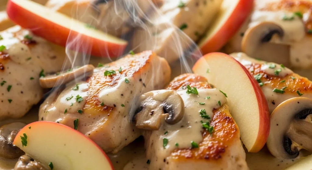 3. Close-up of Chicken Casserole à la Normande showing creamy sauce and tender chicken texture.