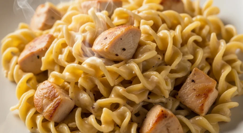 3. Close-up of Creamy Chicken Casserole with Egg Noodles (Classic & Cozy) showing creamy noodles and tender chicken