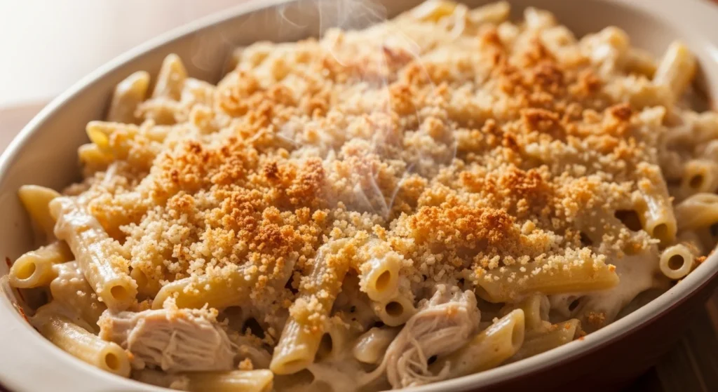 3. Close-up of Kid-Friendly Chicken Casserole Even Picky Eaters Love showing creamy sauce and golden breadcrumb topping