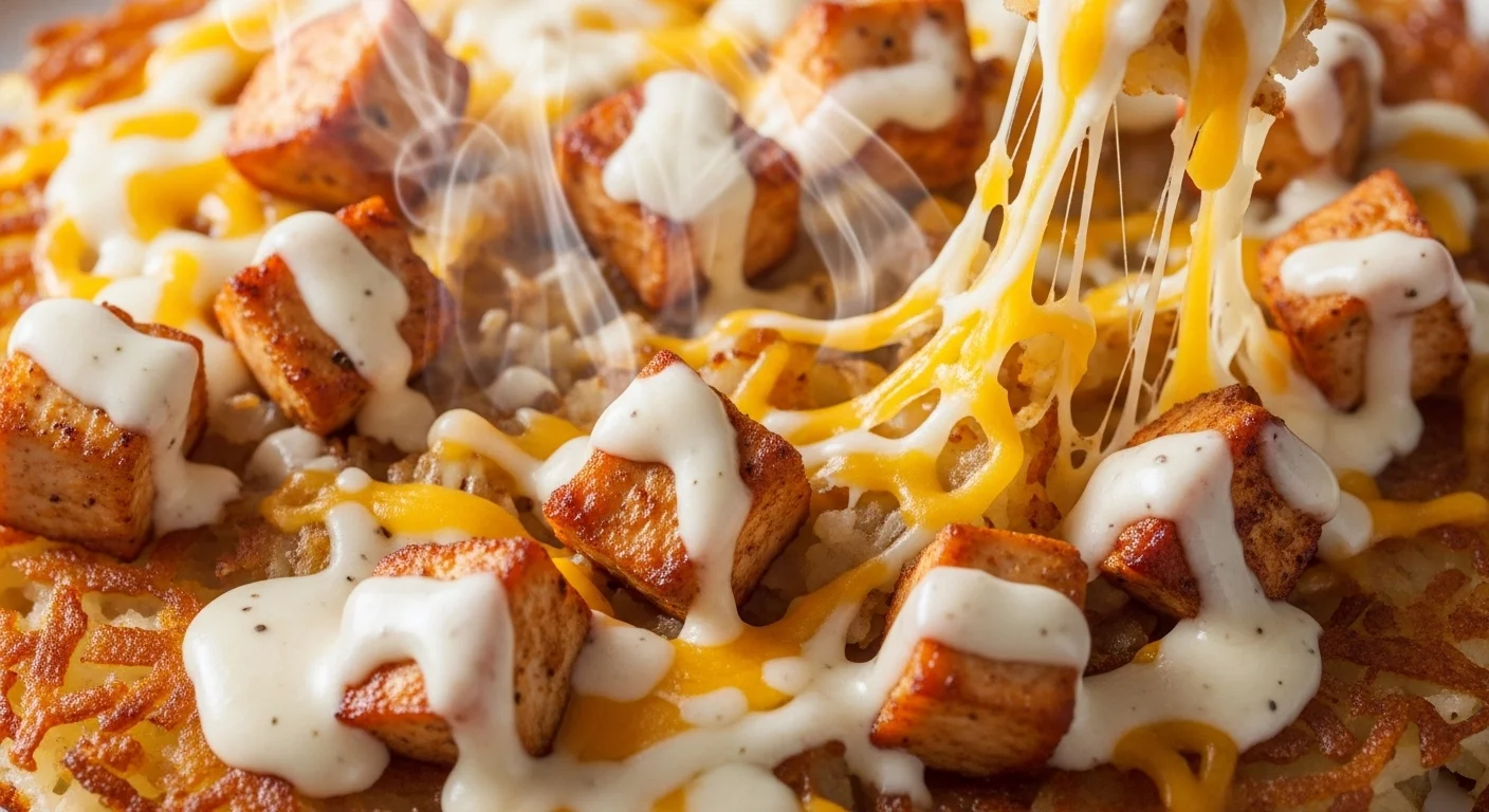 3. Close-up of buffalo chicken hashbrown casserole showing creamy texture and melted cheese