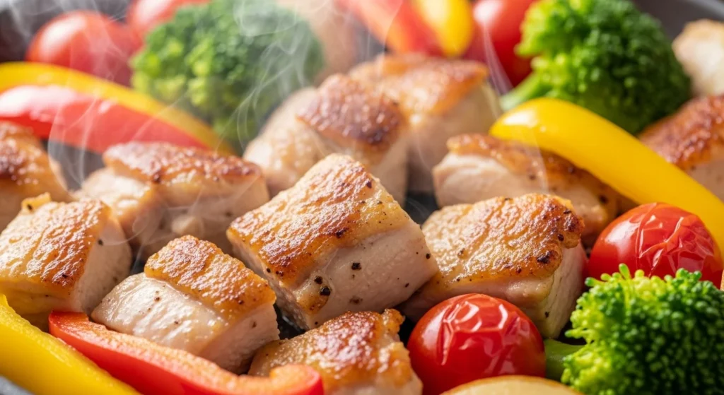 3. Close-up of chicken and veggies recipe showing texture and color