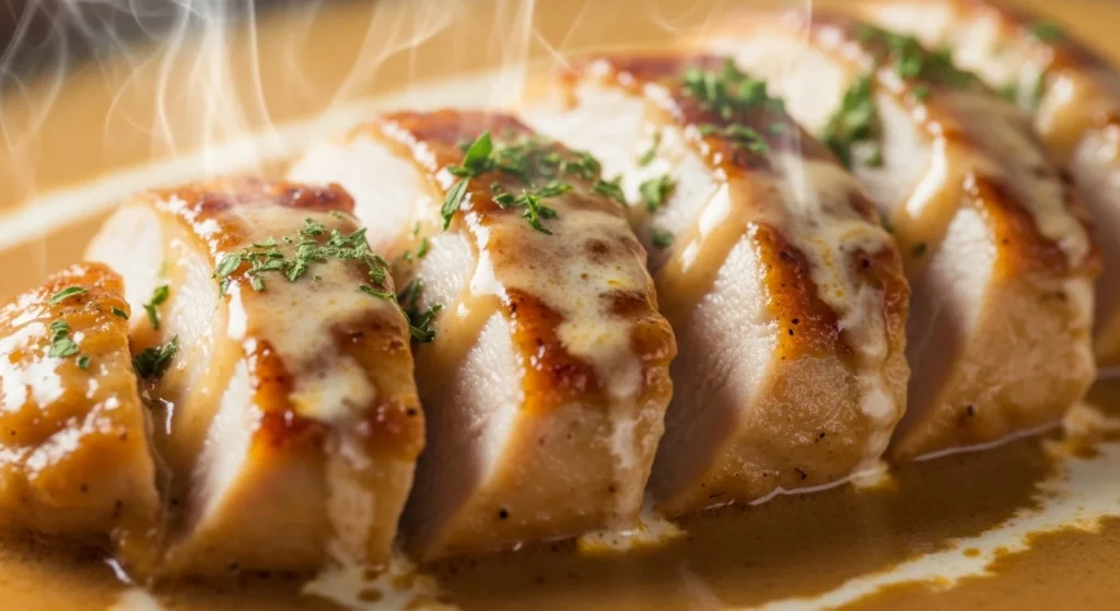 3. Close-up of creamy chicken showing rich sauce texture and juicy interior
