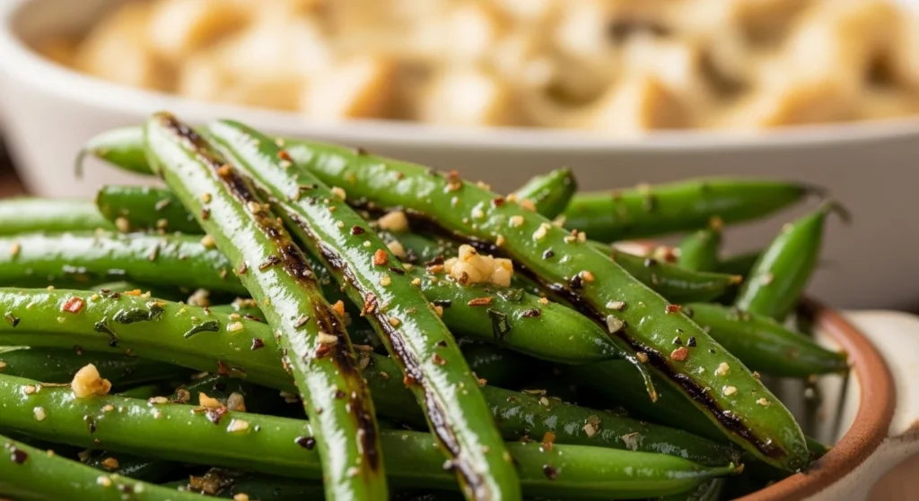 3. Close-up of garlic green beans served with chicken casserole highlighting texture and gloss.