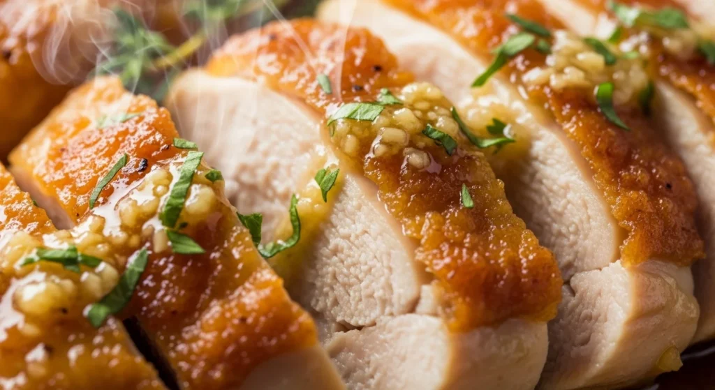 3. Close-up of juicy garlic chicken showing texture and garlic butter sauce