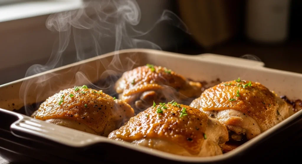 30-Minute Baked Chicken Recipe with golden roasted chicken in baking dish