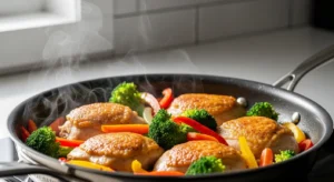 30-Minute Chicken and Veggies Recipe served in a skillet with colorful vegetables