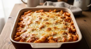 Baked Chicken Ziti Casserole with Creamy, Cheesy Layers fresh from the oven with golden cheese