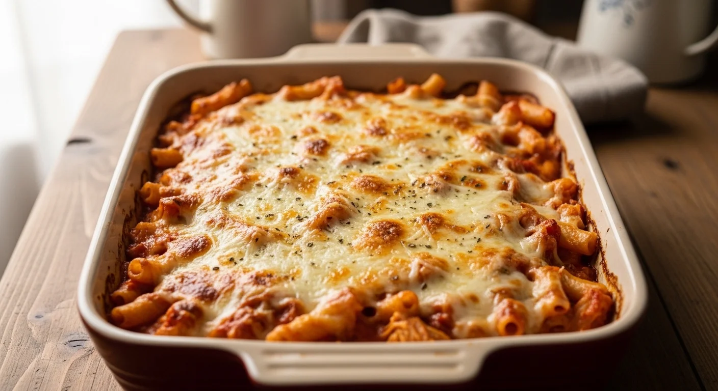 Baked Chicken Ziti Casserole with Creamy, Cheesy Layers fresh from the oven with golden cheese