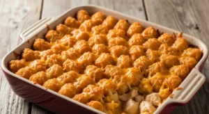 Cheesy Chicken Tater Tot Casserole That Disappears Fast baked golden and bubbly in a casserole dish