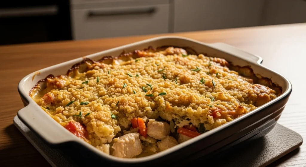 Chicken Casserole Freezer Meals for Stress-Free Dinners baked golden and creamy in a casserole dish