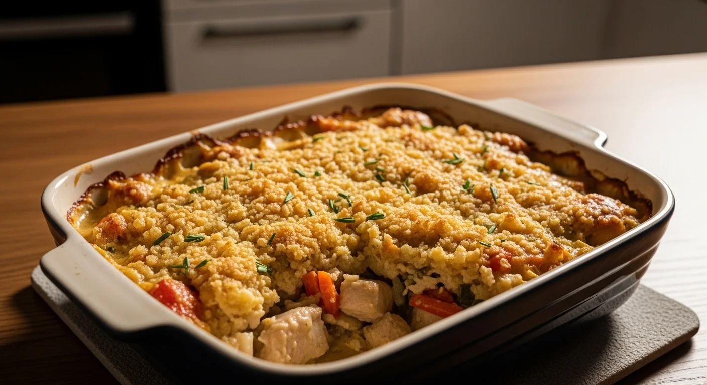Chicken Casserole Freezer Meals for Stress-Free Dinners baked golden and creamy in a casserole dish